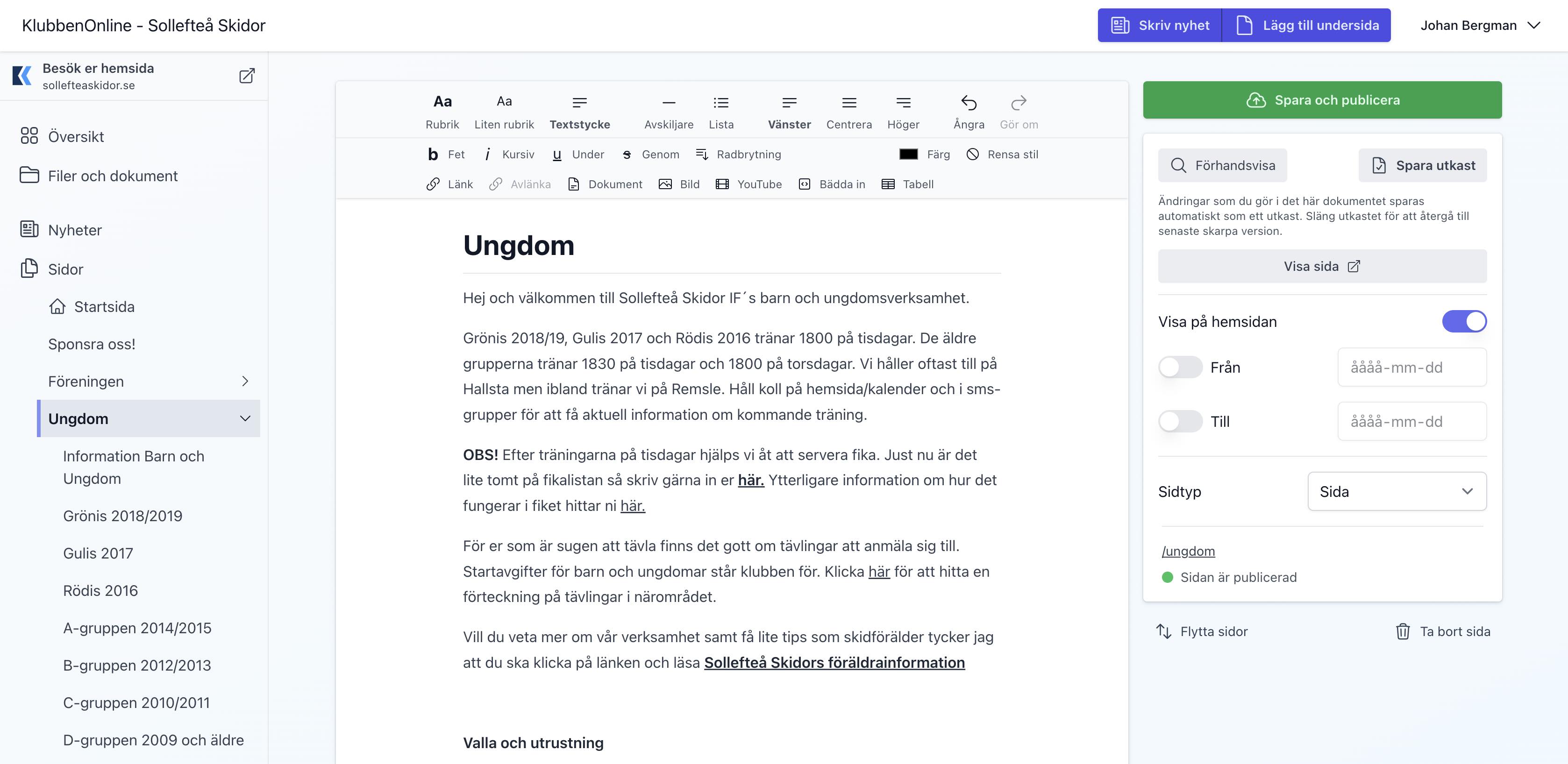 Skärmbild på kontrollpanelen i KlubbenOnline